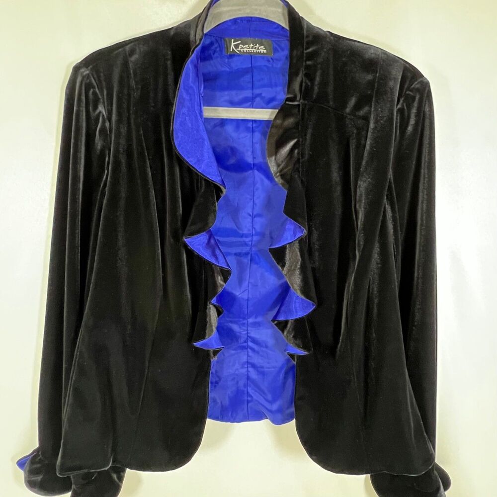 Vintage 90s Black Velvet Ruffle Blazer Royal Blue Satin Trim Whimsigoth PS/PM